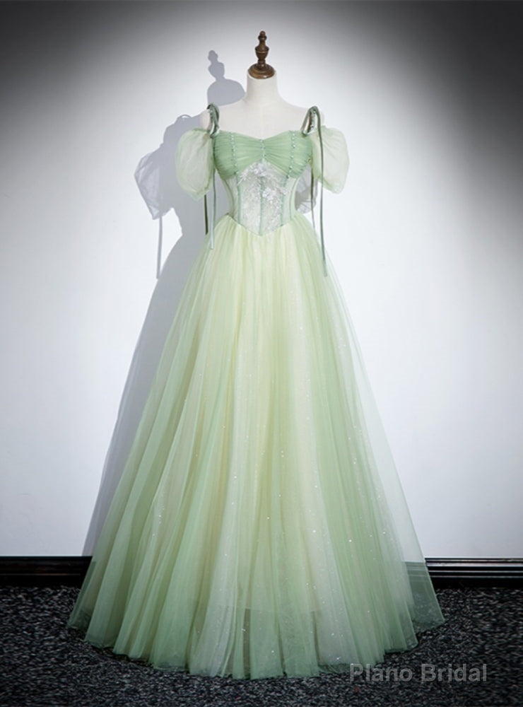 Green Tulle Short Sleeve Pleats Prom Dress Main image