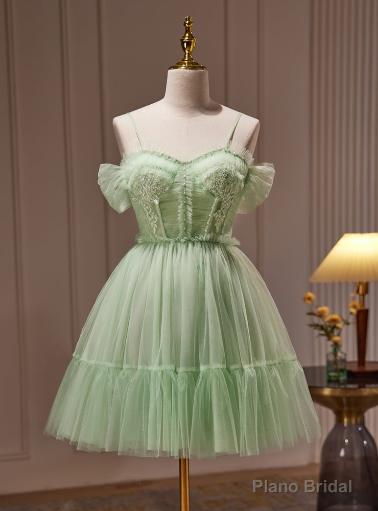 Green Tulle Spaghetti Straps Appliques Beading Homecoming Dress Main image