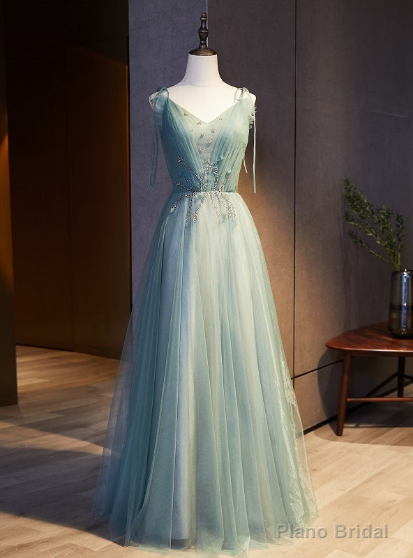 Green Tulle Spaghetti Straps Pleats Beading Prom Dress Main image
