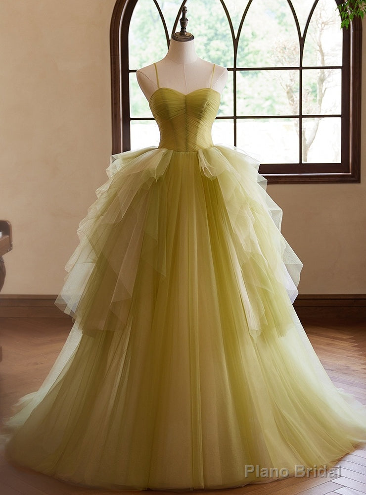 Green Tulle Spaghetti Straps Pleats Prom Dress Main image
