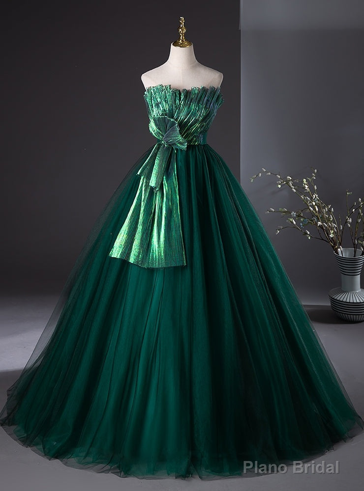 Green Tulle Strapless Pleats Prom Dress Main image