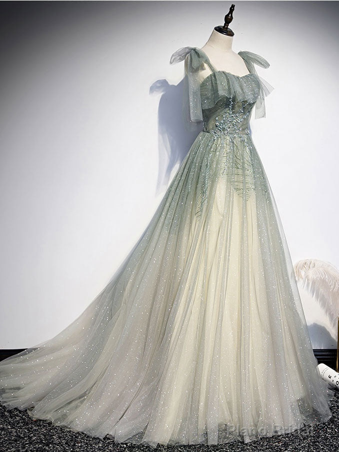 Green Tulle Straps A-line Beaded Long Prom Dress, Green Evening Party Dress Main image
