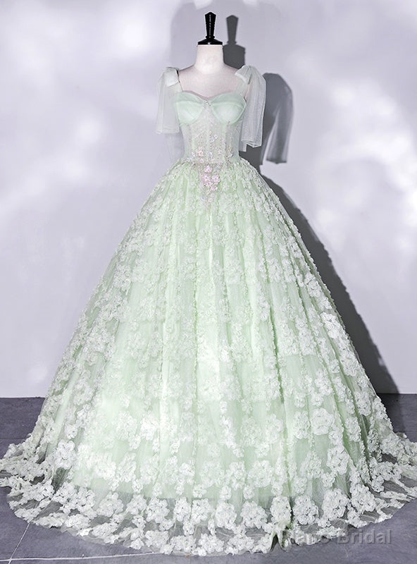 Green Tulle Straps Appliques Quinceanera Dress Main image
