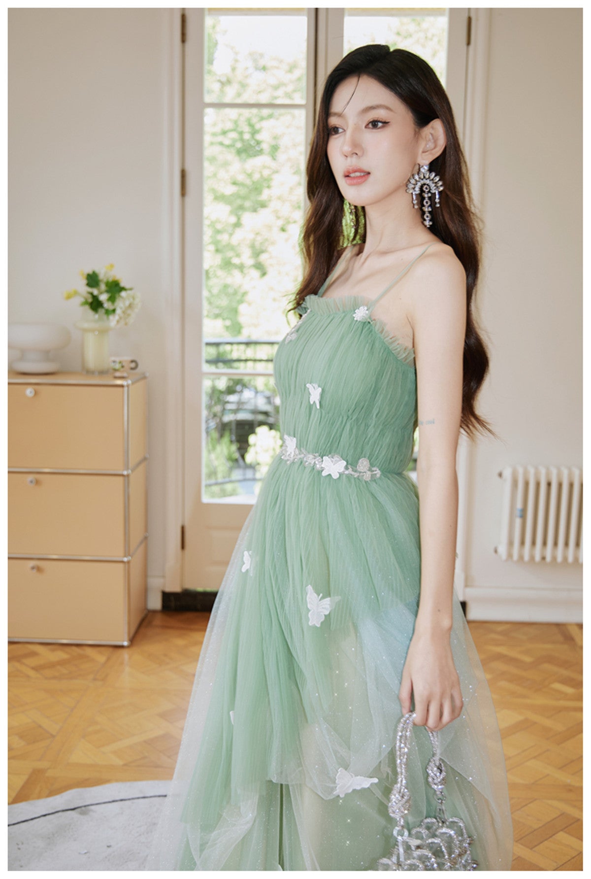 Green Tulle Straps Long Formal Prom Dresses, Light Green A-Line Floor Length Party Dresses
