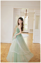 Green Tulle Straps Long Formal Prom Dresses, Light Green A-Line Floor Length Party Dresses