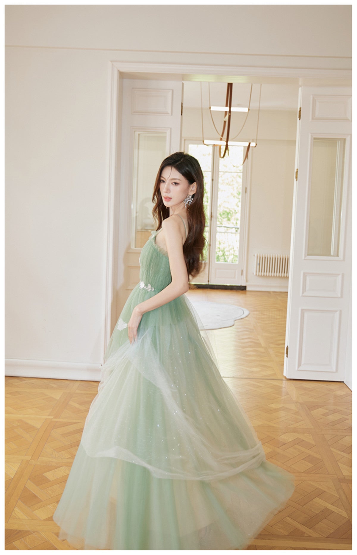 Green Tulle Straps Long Formal Prom Dresses, Light Green A-Line Floor Length Party Dresses