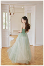 Green Tulle Straps Long Formal Prom Dresses, Light Green A-Line Floor Length Party Dresses