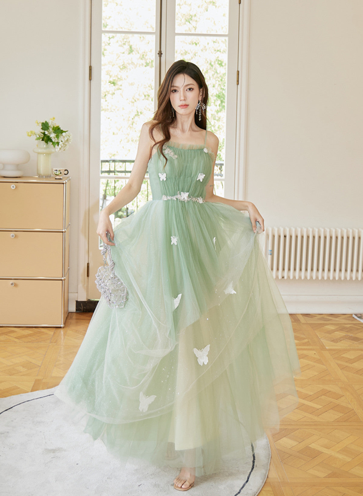 Green Tulle Straps Long Formal Prom Dresses, Light Green A-Line Floor Length Party Dresses