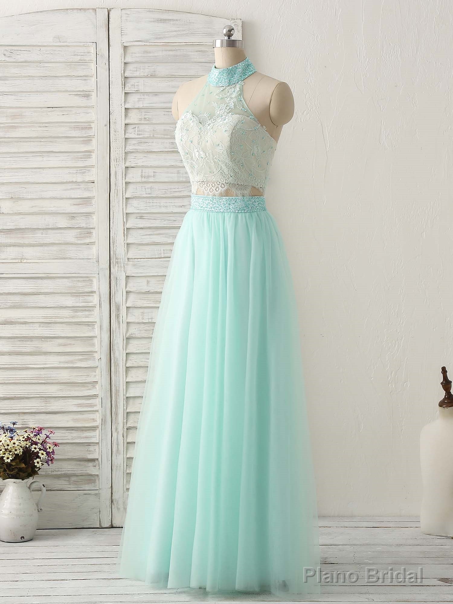 Green Tulle Two Pieces Long Prom Dress Lace Beads Formal Dress Secondary image