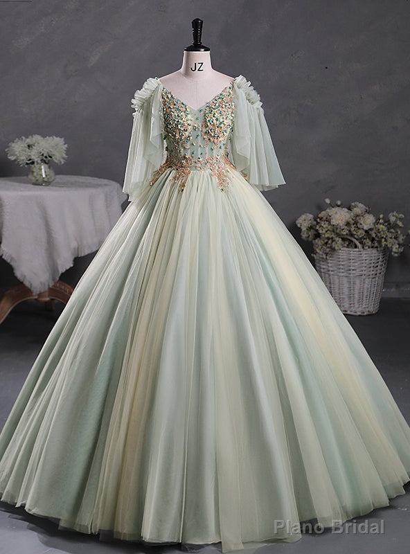 Green Tulle V-neck Backless Flower Quinceanera Dress Main image