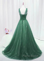 Green Tulle V Neck Beading Appliques Formal Prom Dresses