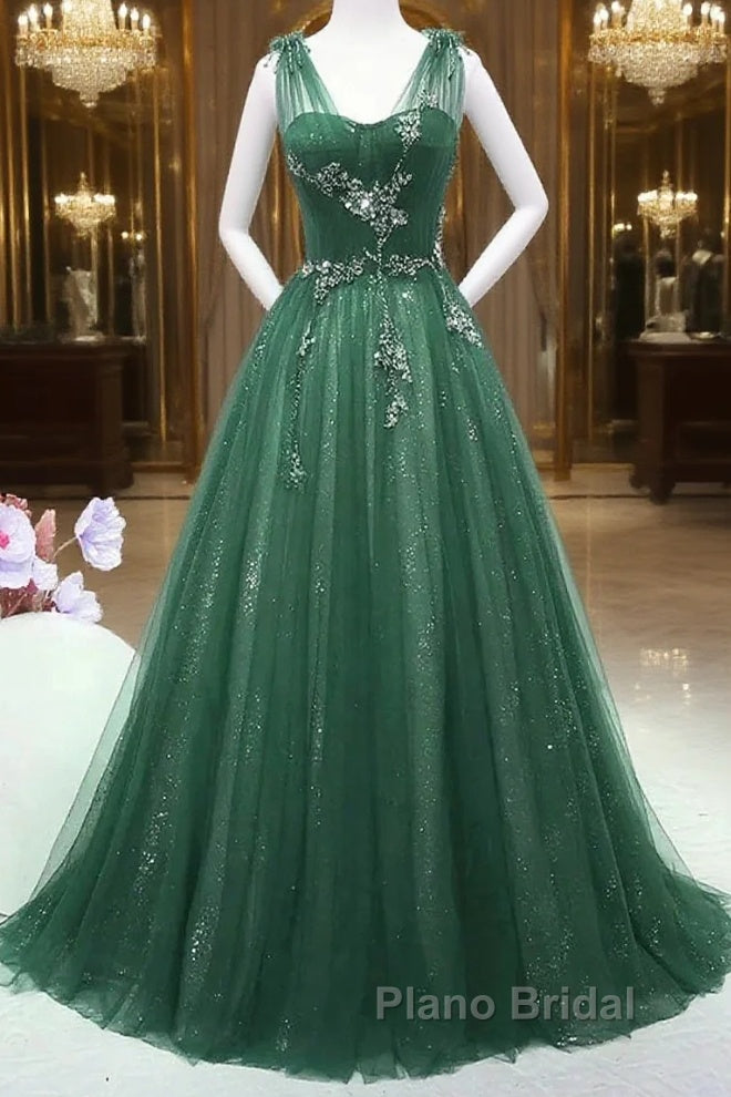 Green Tulle V Neck Beading Appliques Formal Prom Dresses Main image