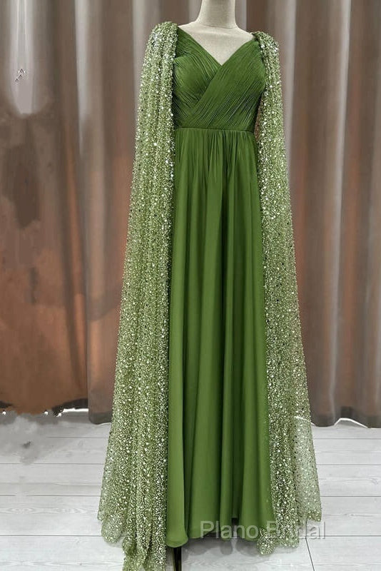 Green Tulle V-Neck Dresses With Beaded Cape Secondary image