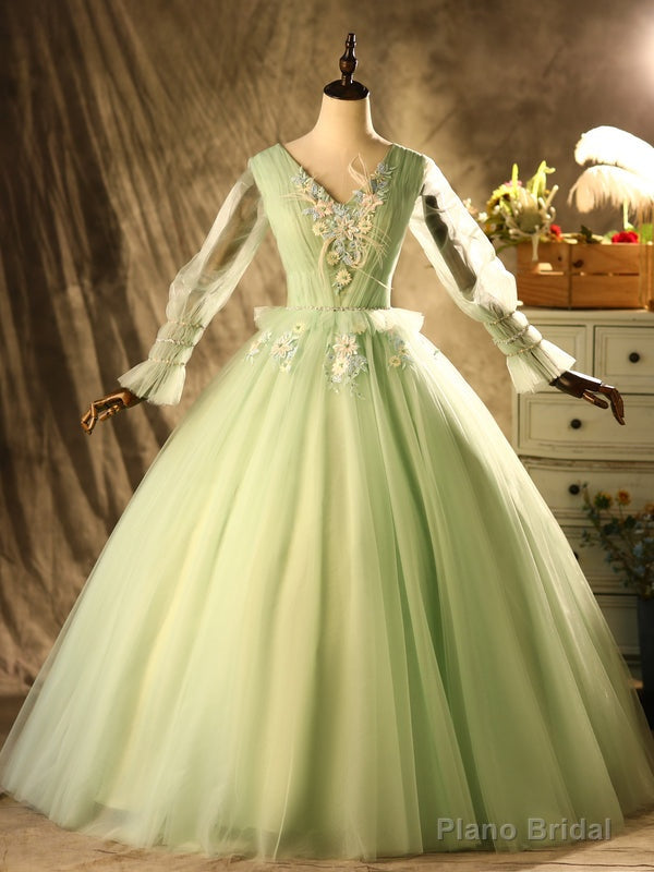 Green Tulle V-neck Long Sleeve Appliques Pleats Quinceanera Dress Main image