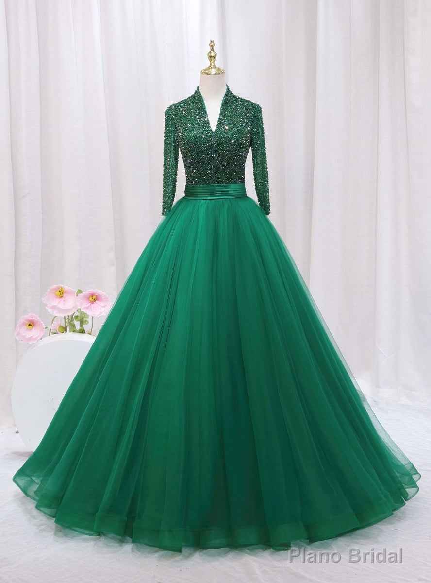 Green Tulle V-neck Long Sleeve Backless Beading Prom Dress Main image