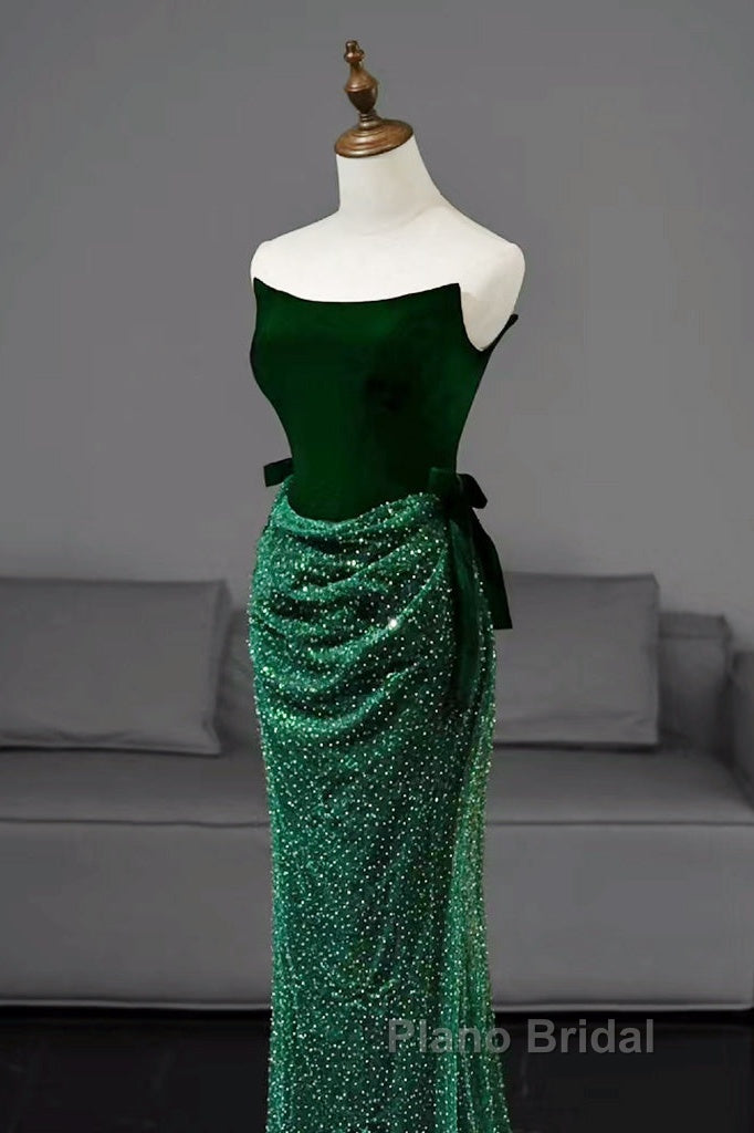 Green Tulle Velvet Long Formal Prom Dresses, Green Long Formal Dresses