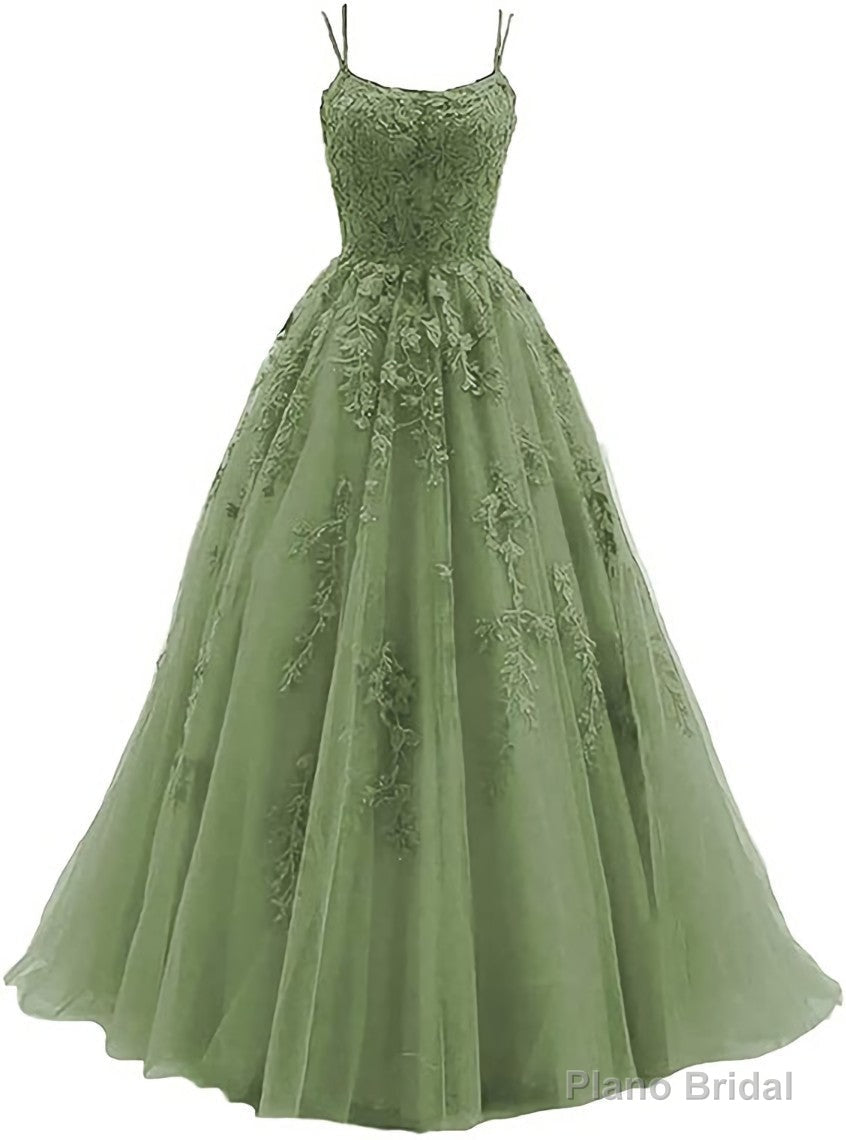 Green Tulle with Lace Applique Formal Gown, Green Evening Prom Dress Main image