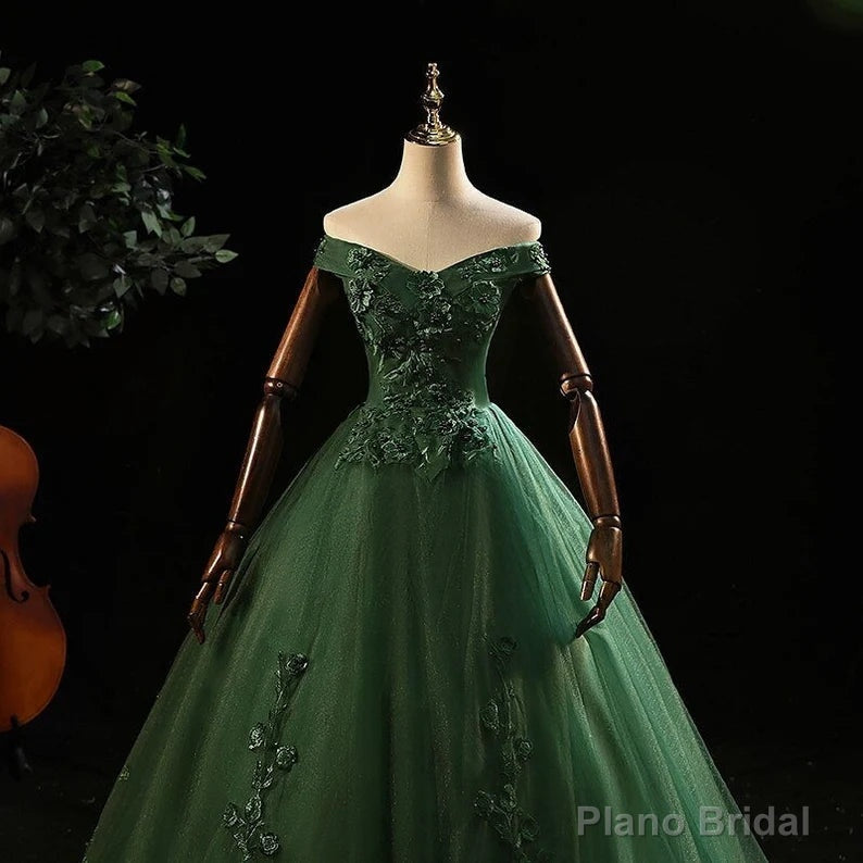 Green Tulle with Lace Applique Long Prom Dress, Green Sweet 16 Dresses Secondary image