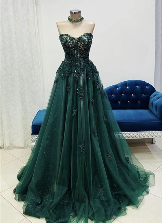 Green Tulle With Lace Applique Sweetheart Long Formal Dresses, Green Formal Evening Gown Main image
