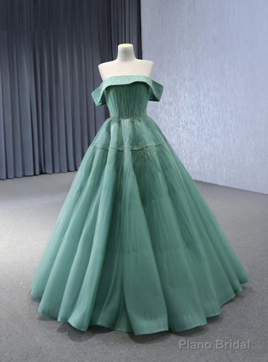 Green Tullle Strapless Pleats Beading Prom Dress Main image