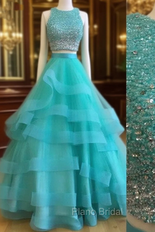 Green Two Pieces Sequin Long Formal Prom Gown, Green Evening Dresses