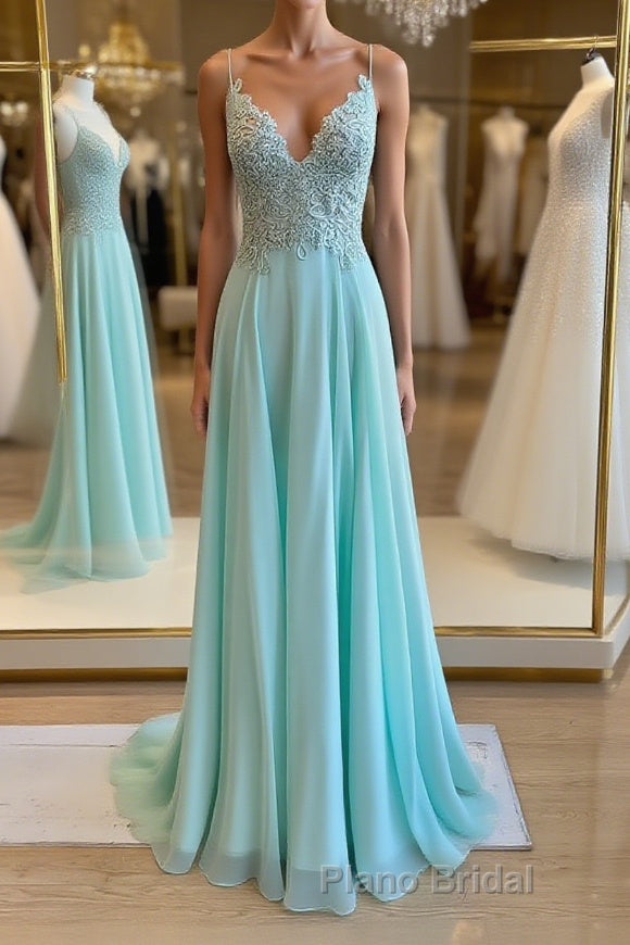 Green v neck lace chiffon long Formal Prom dress, lace evening dress Main image