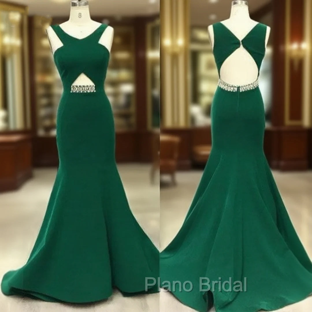 Green V Neck Mermaid Long Formal Prom Dresses, Green Evening Dresses For Teens