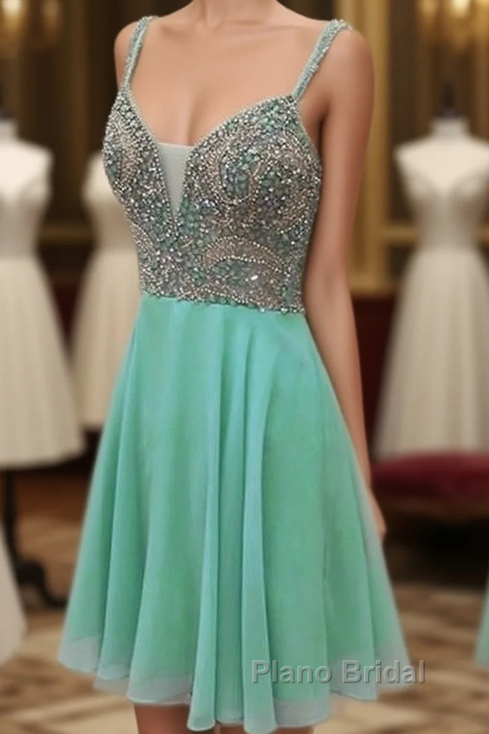 Green V Neck Sequin Beads Short Homecoming Dresses Main image