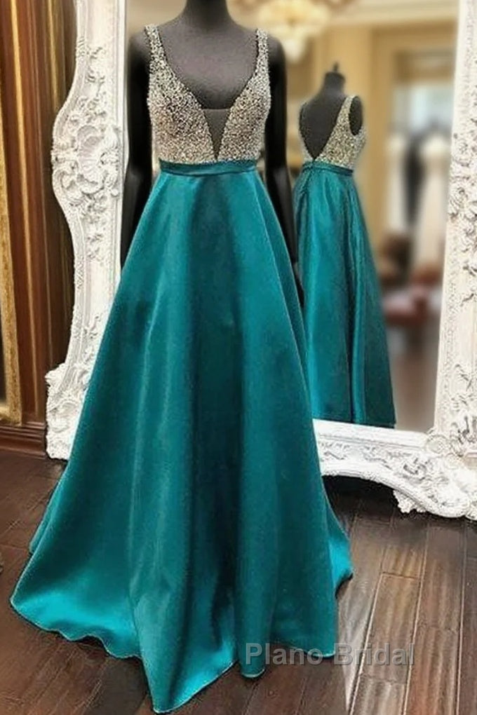 Green V Neck Sequin Long Formal Prom Dresses, Green Evening Dresses Main image