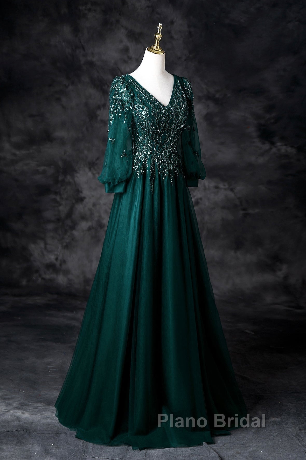 Green V-Neck Tulle Beads Long Formal Prom Dresses, Elegant Long Sleeve Evening Party Dresses Secondary image