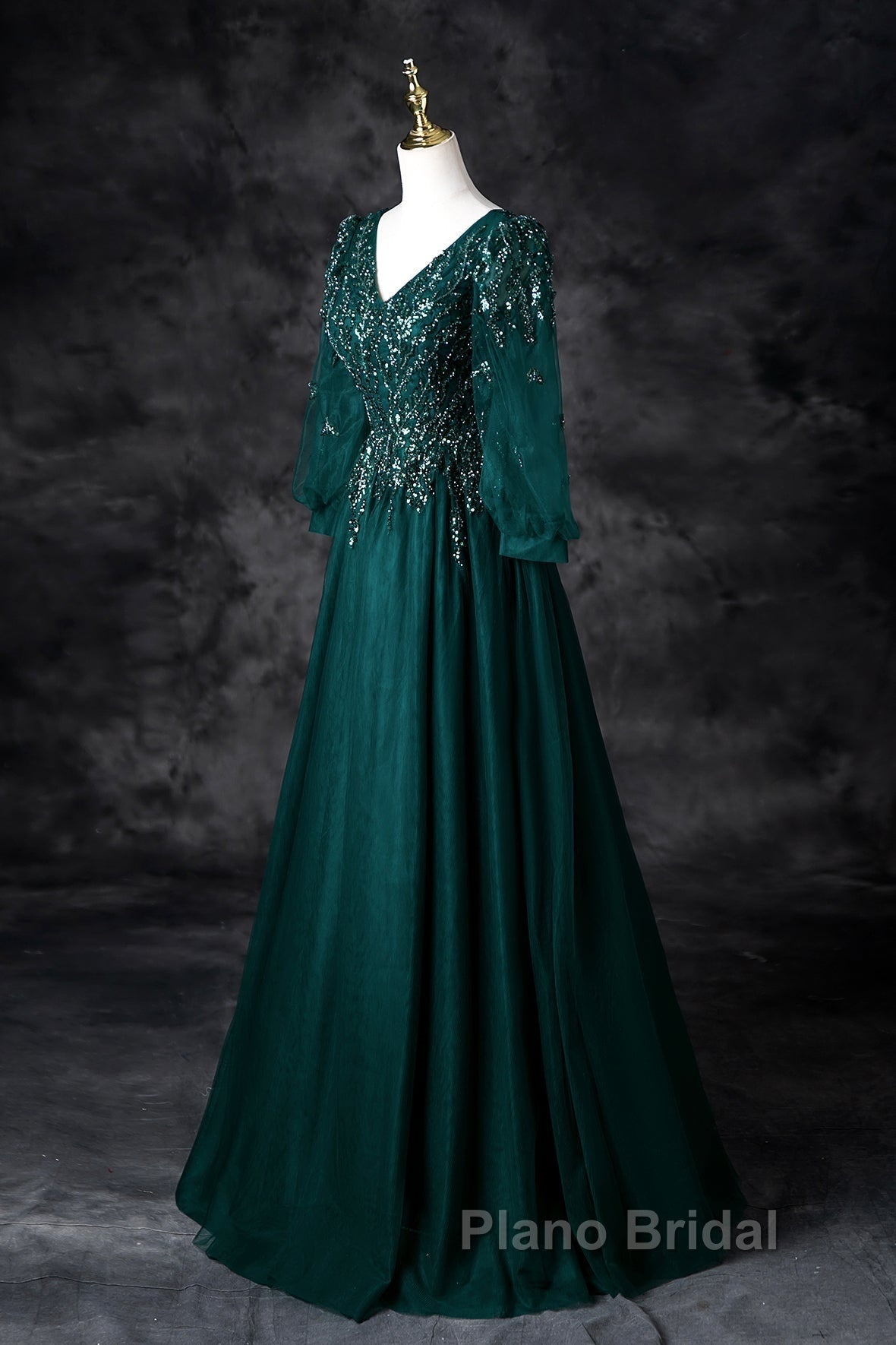 Green V-Neck Tulle Beads Long Formal Prom Dresses, Elegant Long Sleeve Evening Party Dresses