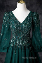 Green V-Neck Tulle Beads Long Formal Prom Dresses, Elegant Long Sleeve Evening Party Dresses