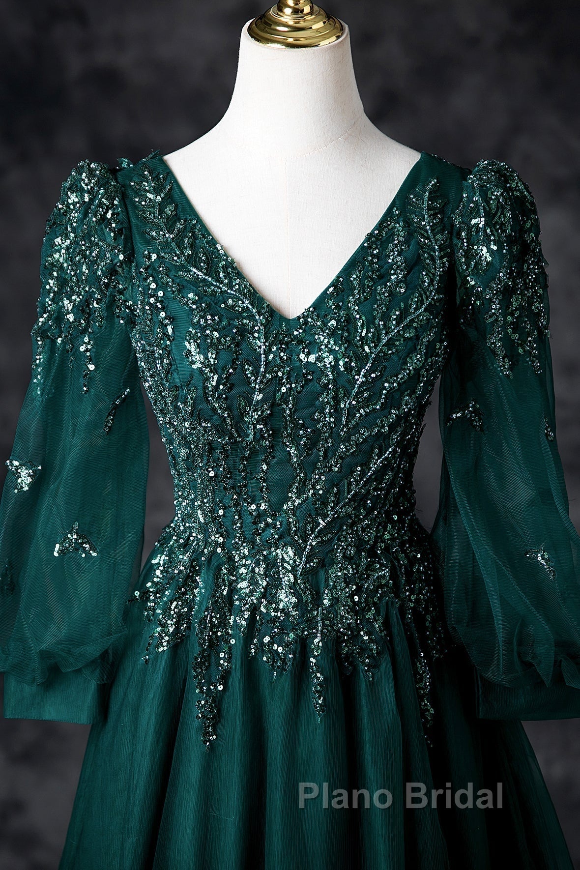 Green V-Neck Tulle Beads Long Formal Prom Dresses, Elegant Long Sleeve Evening Party Dresses