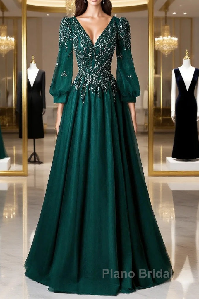 Green V-Neck Tulle Beads Long Formal Prom Dresses, Elegant Long Sleeve Evening Party Dresses Main image