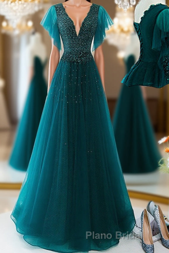 Green v neck tulle beads long Formal Prom dress, green tulle formal dress Main image