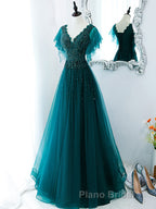 Green v neck tulle beads long Formal Prom dress, green tulle formal dress