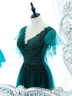 Green v neck tulle beads long Formal Prom dress, green tulle formal dress