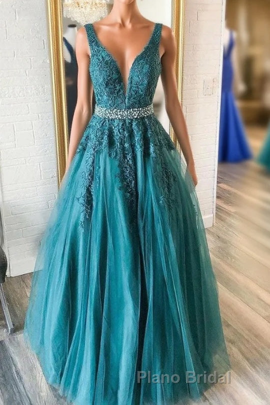 Green v neck tulle lace long Formal Prom dress, green formal dress Main image