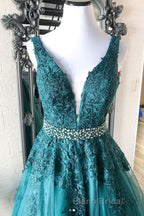 Green v neck tulle lace long Formal Prom dress, green formal dress