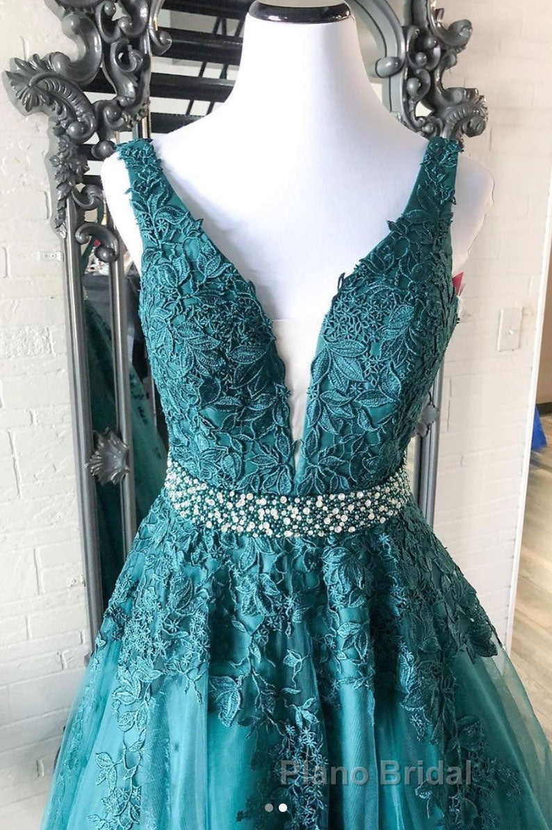 Green v neck tulle lace long Formal Prom dress, green formal dress