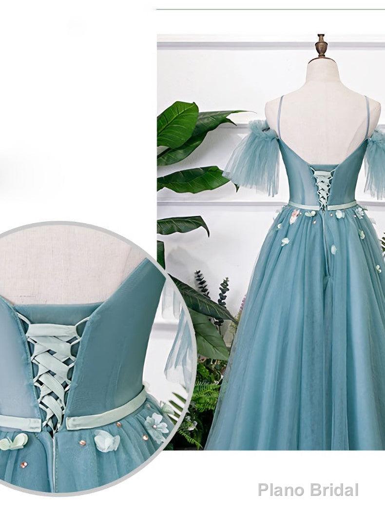 Green V Neck Tulle Lace Long Prom Dress Lace Evening Dress