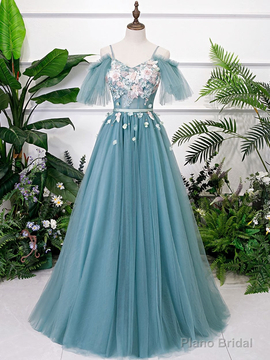 Green V Neck Tulle Lace Long Prom Dress Lace Evening Dress Secondary image