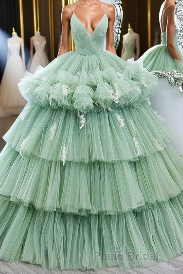 Green v neck tulle long Formal Prom gown, green tulle sweet 16 dress