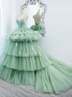 Green v neck tulle long Formal Prom gown, green tulle sweet 16 dress