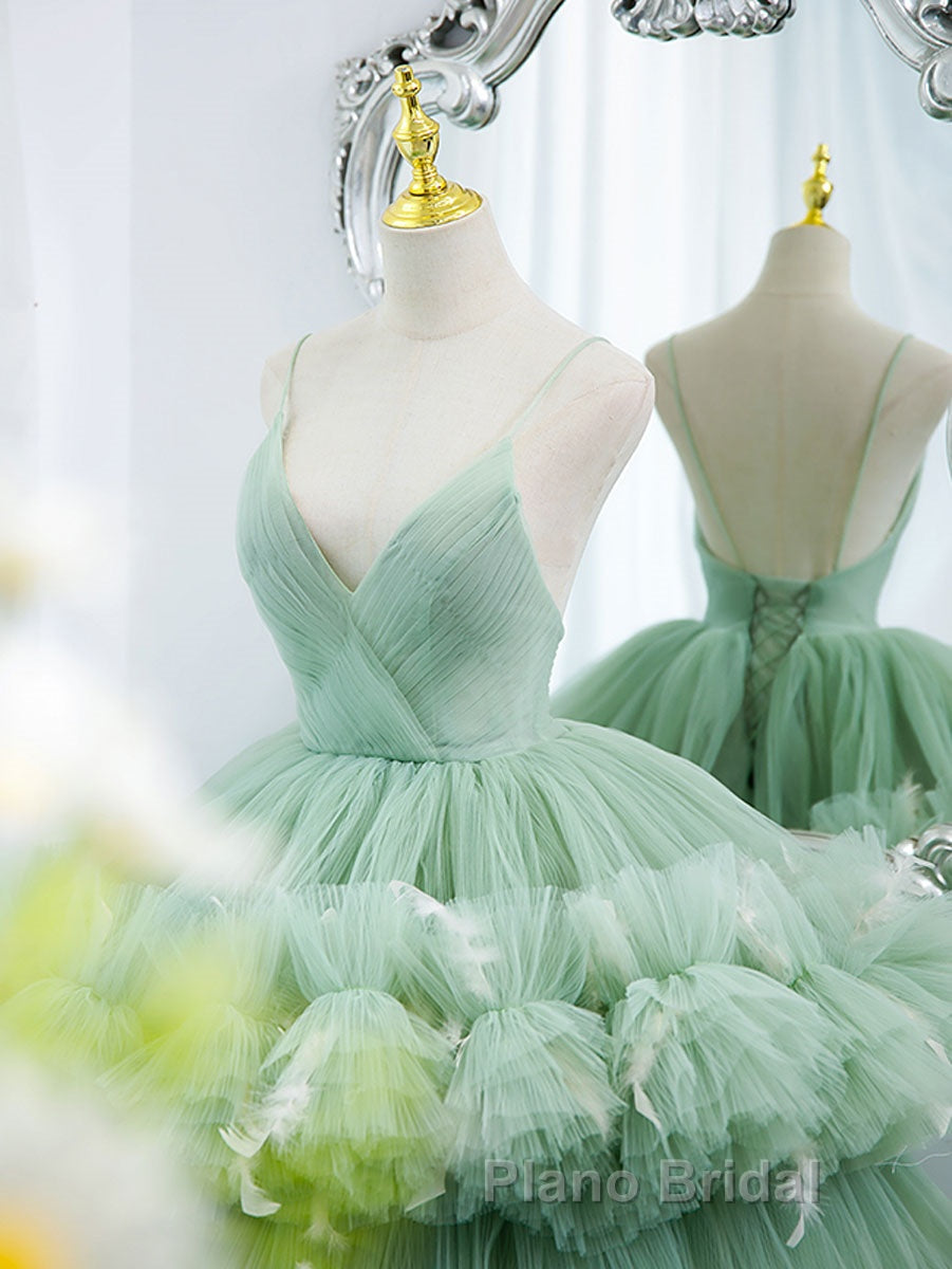 Green v neck tulle long Formal Prom gown, green tulle sweet 16 dress