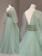Green V Neck Tulle Sequin Long Formal Prom Dresses, Green Evening Dresses