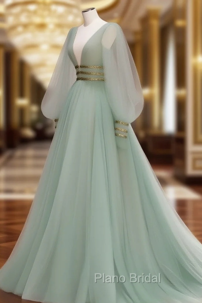 Green V Neck Tulle Sequin Long Formal Prom Dresses, Green Evening Dresses Main image
