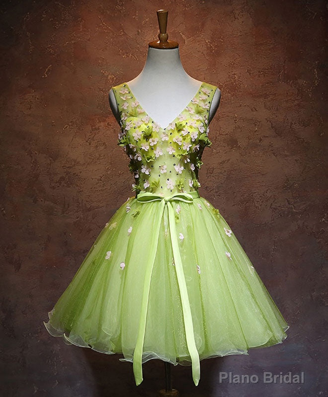 Green V Neck Tulle Short Prom Dress, Green Homecoming Dress