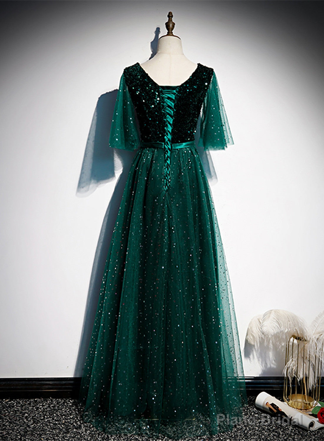 Green V-neckline Shiny Tulle Long Wedding Party Dresses Green Formal Dresses prom dresses shops Secondary image