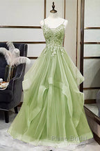 Green V-Neckline Tulle With Lace Applique Formal Prom Dresses, Green Layers Tulle Party Dresses